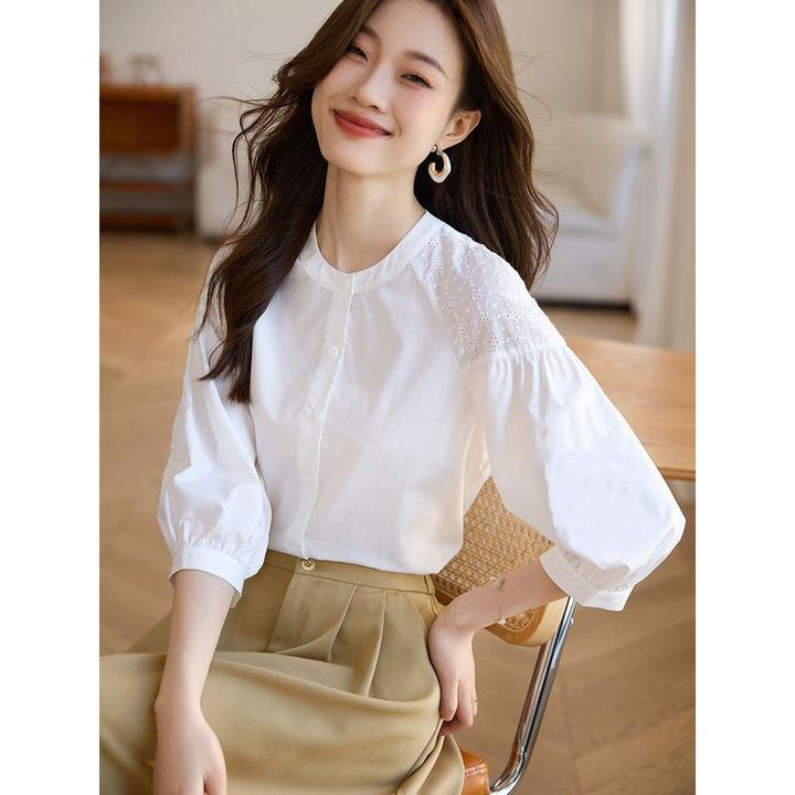 白色衬衫女衬衫女小个子2024年夏季新款棉圆领小衫