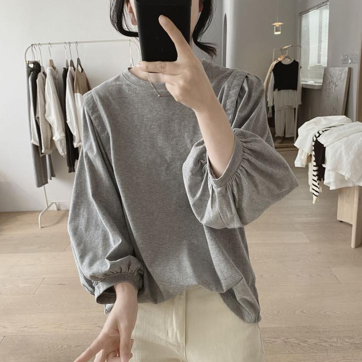 100%棉灯笼袖T恤女春夏新款宽松显瘦圆领七分袖小众设计感上衣