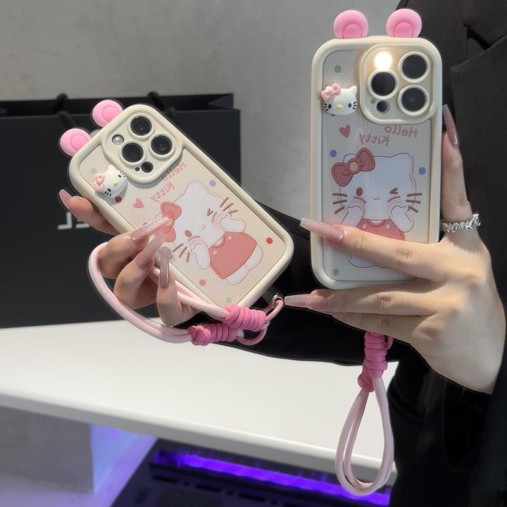 捏脸卖萌kitty适用苹果16挂绳15手机壳华为p70vivo防摔oppo小米14