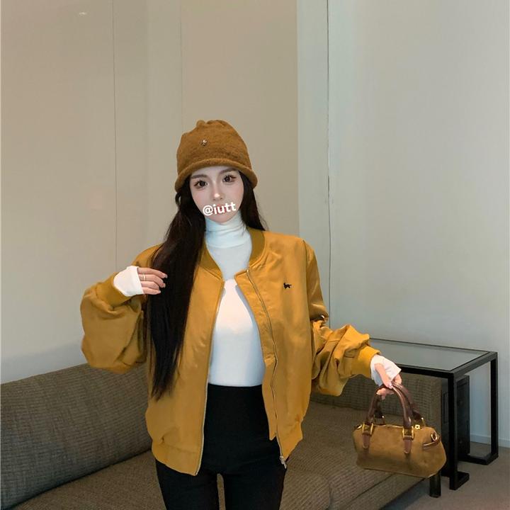 ！立领夹棉棒球外套女短款刺绣夹克飞行服棉服上衣