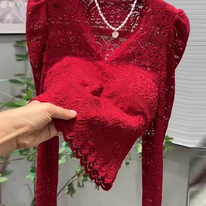 2025春季辣妹纯欲V领长袖蕾丝性感红色上衣纯色泡泡袖打底衫女新