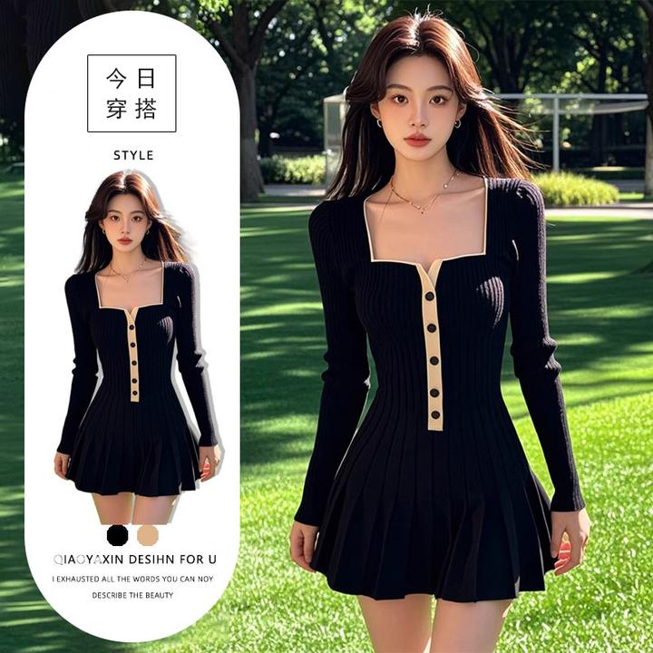 黑色针织方领连衣裙女秋2024新款高级感气质修身显瘦单排扣A字裙