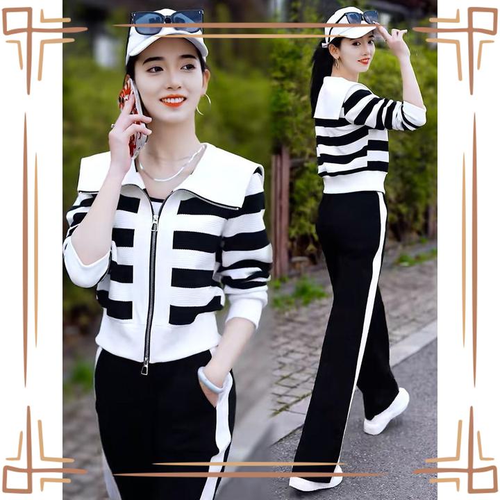 时尚休闲运动服套装女年春秋新款条纹开衫短款外套高贵轻奢两件套