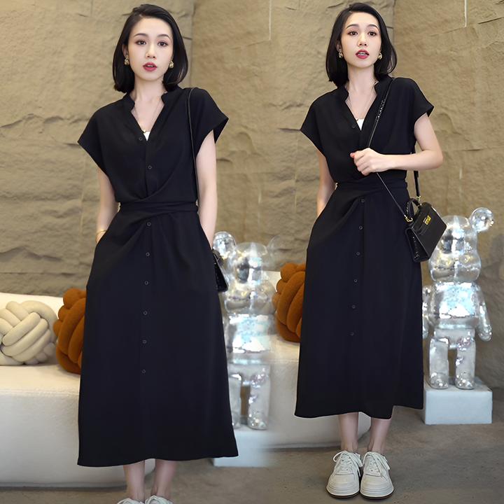 高级感复古红色v领连衣裙女2025年夏季新款法式轻熟风收腰衬衫裙