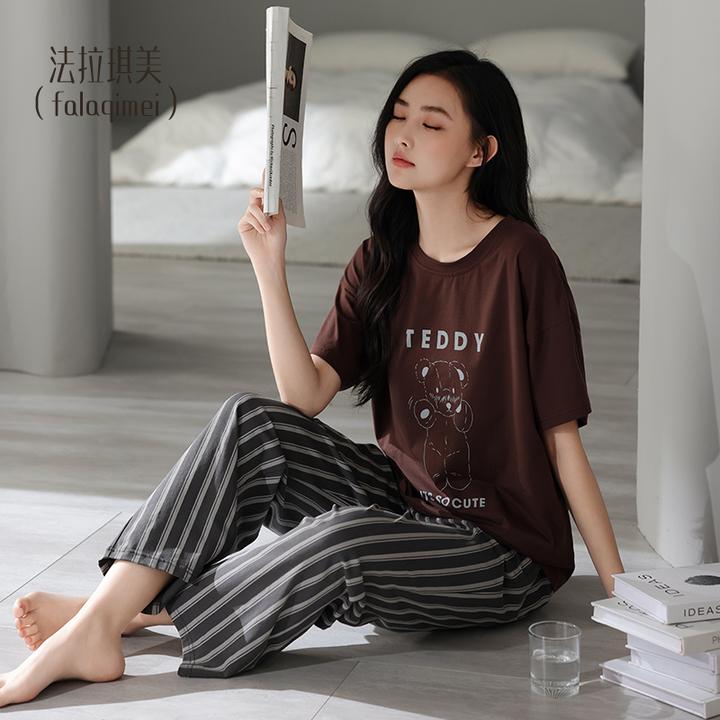 夏季纯棉女士睡衣条纹熊短袖长裤套装夏天休闲宽松可外穿家居服薄