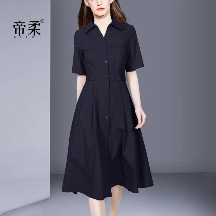2025夏季新款法式高级大气流行休闲气质收腰短袖中长款衬衫连衣裙