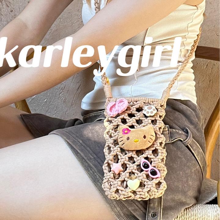 新款夏威夷黑皮凯蒂猫手工编织手机包夏季度假遛弯百搭斜挎包收纳