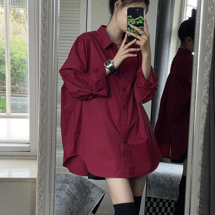 韩系慵懒风酒红色衬衫上衣女后背装饰扣设计感宽松长袖休闲外套