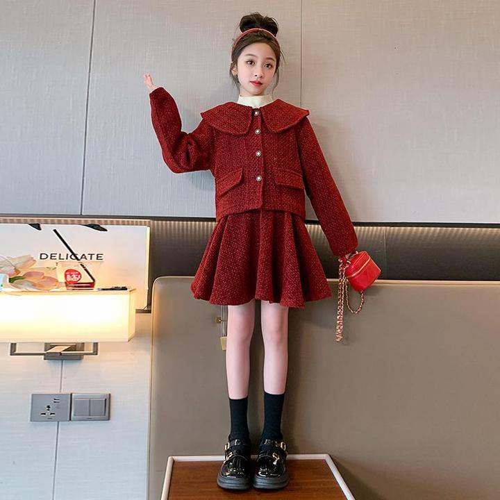 女童小香风套装秋冬款2024新款儿童冬季夹棉加厚半身裙两件套衣服