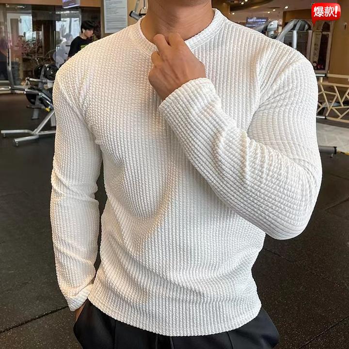 新款秋冬肌肉潮流打底编织时尚Tt恤修身男抗皱上衣跑步训练打长袖