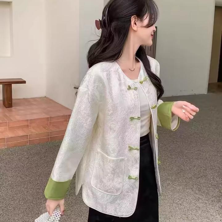 新中式盘扣提花外套女2024春秋新款洋气百搭宽松休闲国风气质上衣