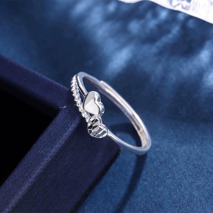 足银戒指 足银S999心心相印车花戒指女小众ins爱心开口戒指环女