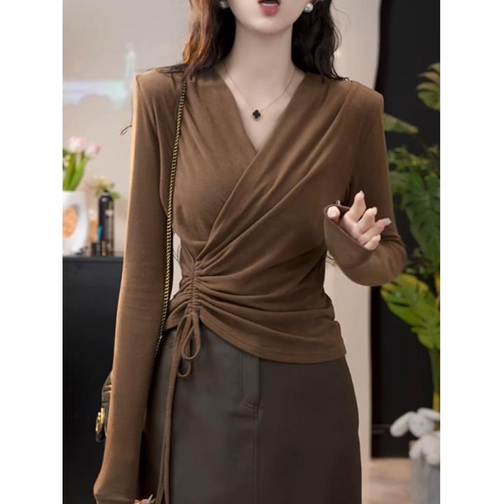 美拉德咖色长袖t恤女装秋冬季2024年新款短款抽绳上衣打底衫内搭