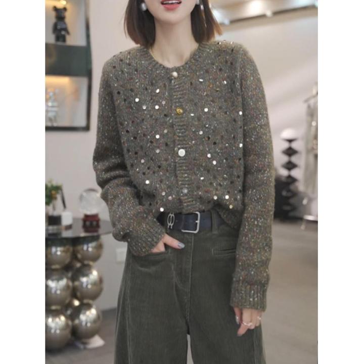 高级感重工亮片军绿色毛衣外套女装秋冬季2024新款上衣针织打底衫
