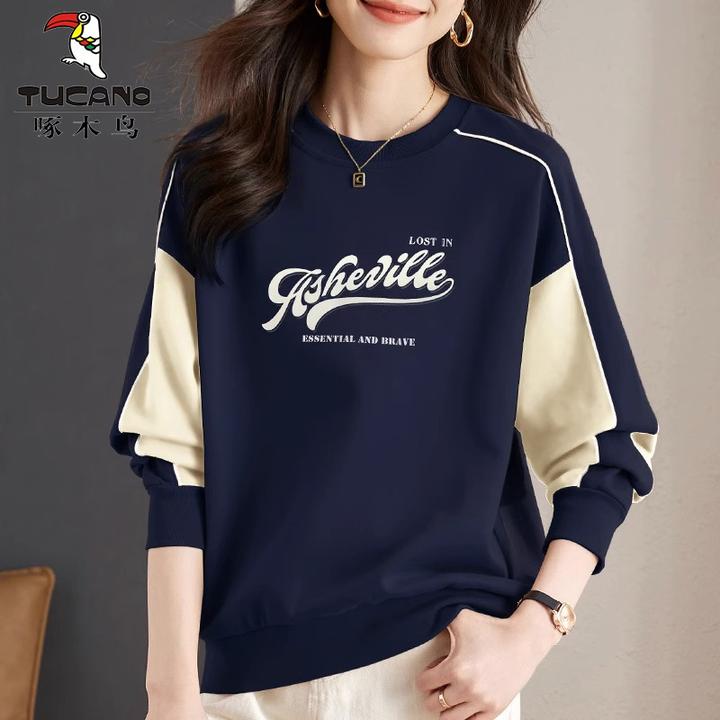 啄木鸟加绒加厚圆领卫衣女冬季爆款2023新款春秋宽松时尚拼接上衣