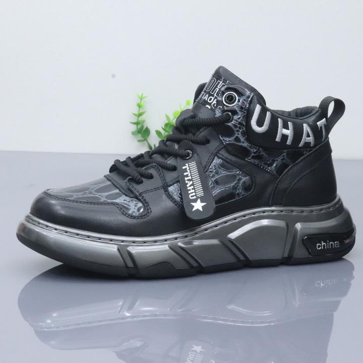 头层牛皮秋冬高帮透气舒适时尚百搭男士休闲真皮亮面高档男鞋潮鞋