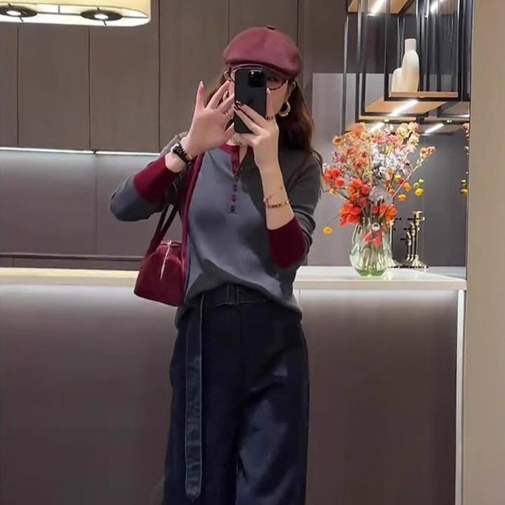 秋季新款女装撞色半开领拼接长袖打底衫女时尚设计感法式复古上衣