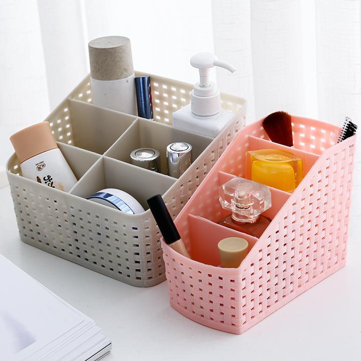 创意藤编桌面收纳盒塑料面膜刷置物架梳妆台口红办公桌护肤化妆品