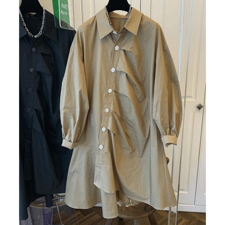 复古气质斜扣不规则长袖连衣裙子女秋季宽松休闲棉设计感小众短裙