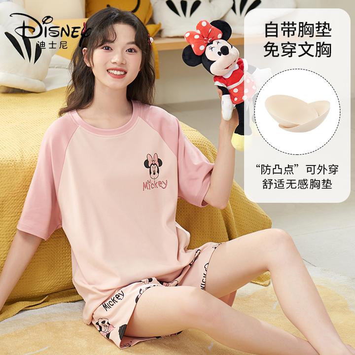 Disney/迪士尼·夏季短袖短裤带胸垫舒适大码宽松套头女款睡衣套装
