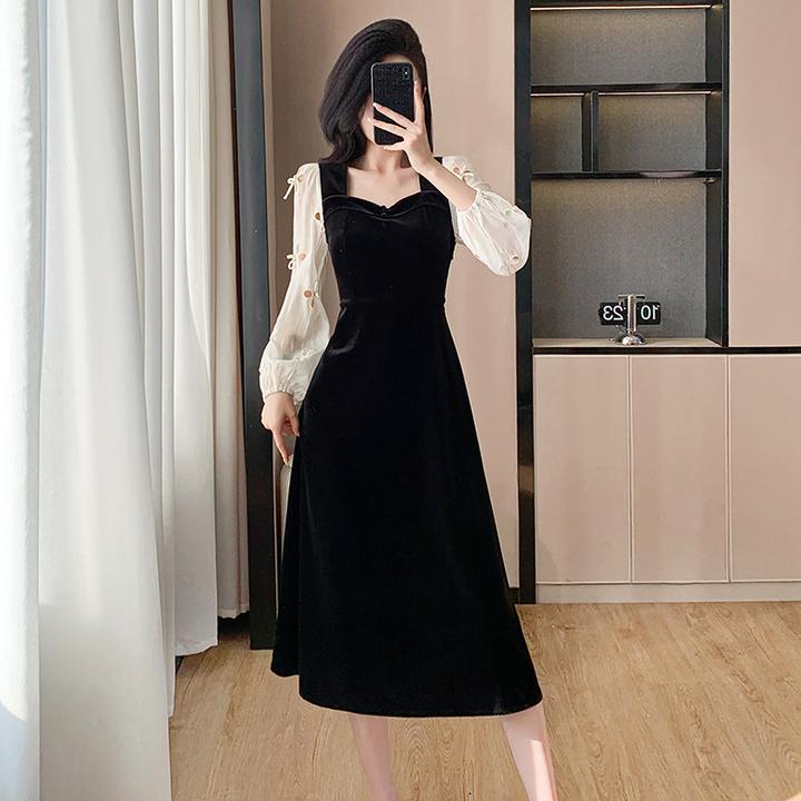 固色金丝绒方领拼接蝴蝶结镂空气质秋冬茶歇显瘦连衣裙