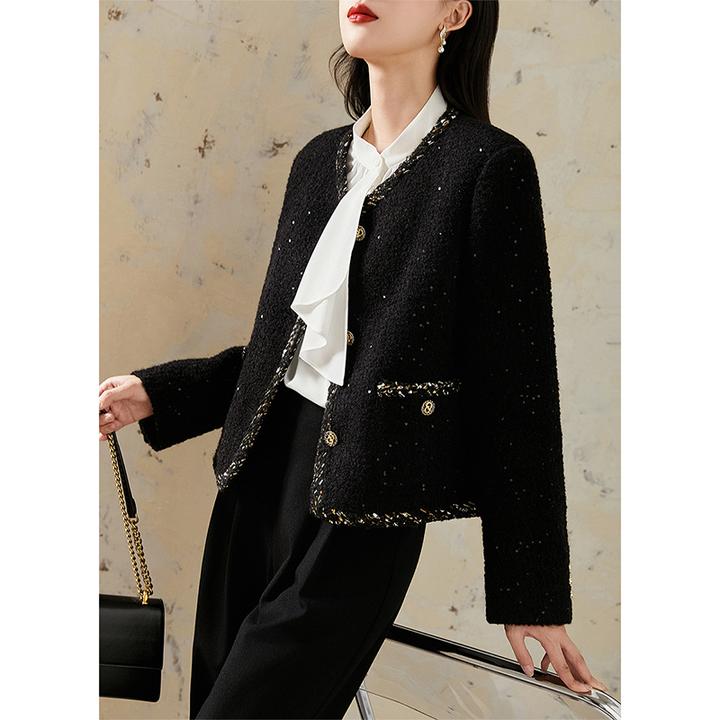 【闪耀星辰】羊毛织金 黑闪小香风奢感 优雅气质粗花呢短款外套女秋
