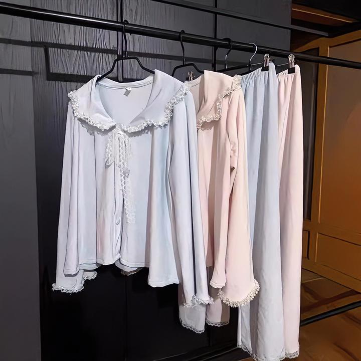 粉芝兰心双面海岛绒睡衣女新款蕾丝纯色长袖宽松娃娃领家居服时尚