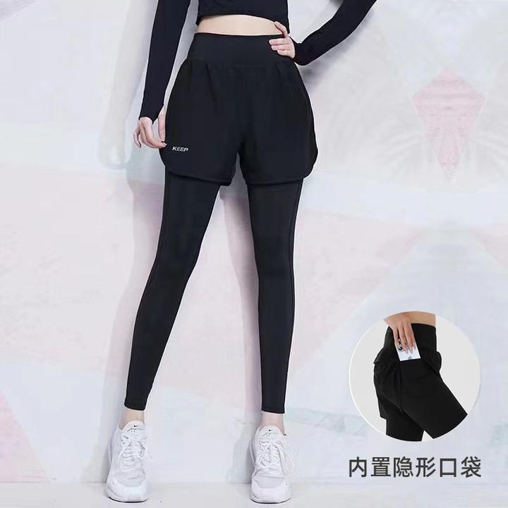 健身裤女假两件跑步瑜伽裤高腰提臀高弹力紧身外穿训练速干运动裤