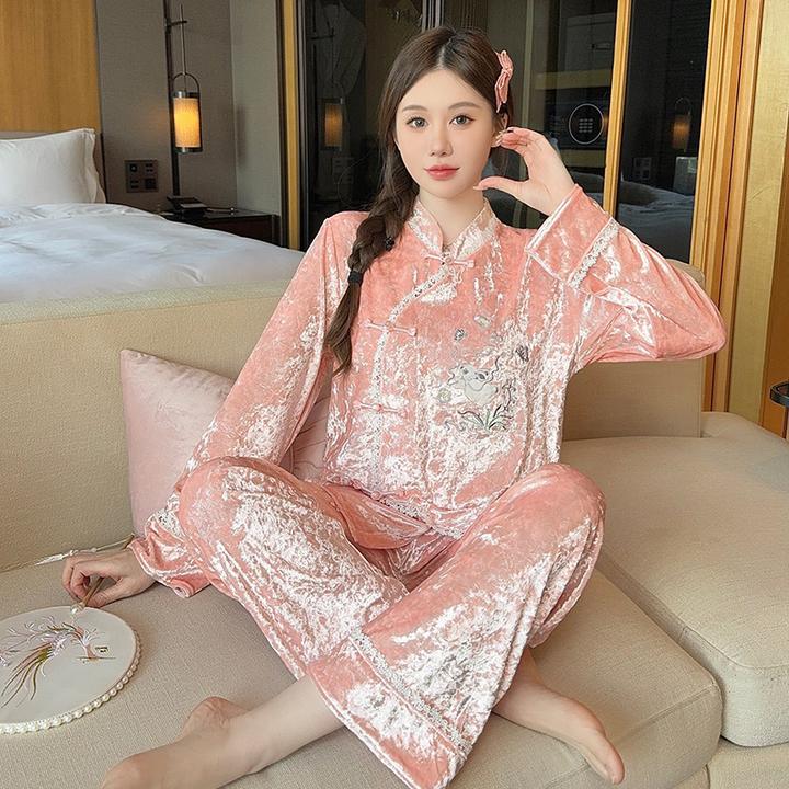 【梦舒屋】新中式睡衣女金丝绒国风长袖长裤秋冬季奢华高级感家居服