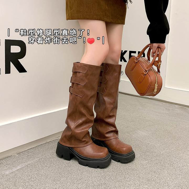 内增高2025新款美式辣妹出游穿搭款显瘦舒适皮带扣西部牛仔靴百搭