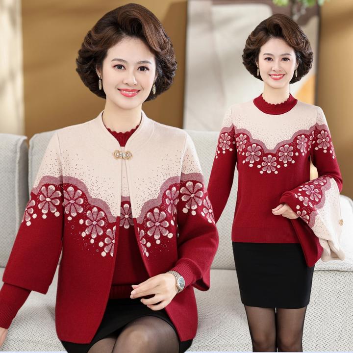 妈妈秋冬新款毛衣开衫两件套加绒洋气50岁中老年人女外套上衣唐装