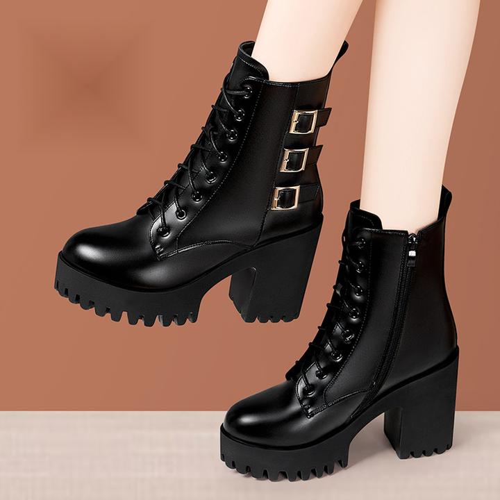 防水台高跟短靴粗跟圆头马丁靴高跟英伦风短靴系带大码加绒中筒靴