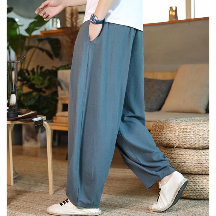 中国风春夏薄款亚麻长裤子男加肥加大码阔腿灯笼裤棉麻休闲哈伦裤
