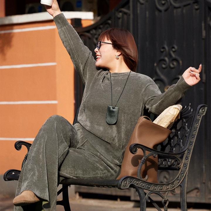 【折扣款】PLUSMALL holiday懒人套装 混纺上衣直筒裤PPPP2411037AB