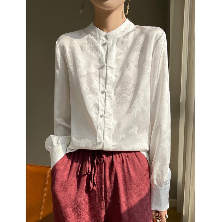 桑蚕丝气质上衣女长袖休闲春夏衬衫宽松中式打底开衫小众提花衬衣