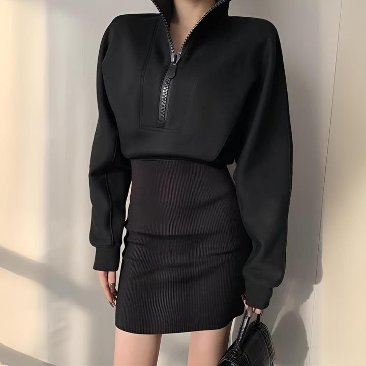 早秋时尚立领黑色御姐连衣裙设计感辣妹显瘦长袖包臀裙连体卫衣裙