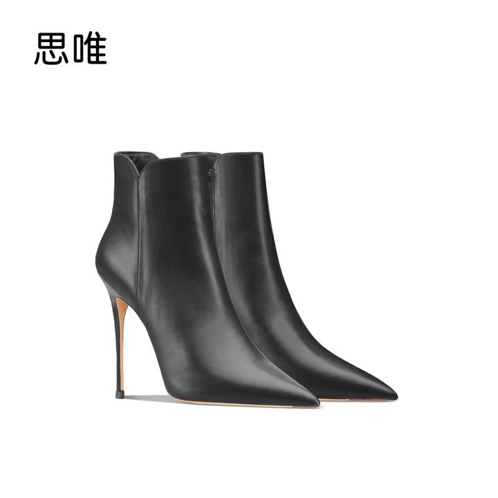 思唯黑色哑光侧面拉链低筒短靴女2025年新款秋冬细跟尖头裸靴气质