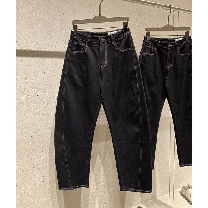 2024冬款深蓝色水洗弯刀仔裤男秋冬潮牌高端阔腿加绒加厚休闲裤子