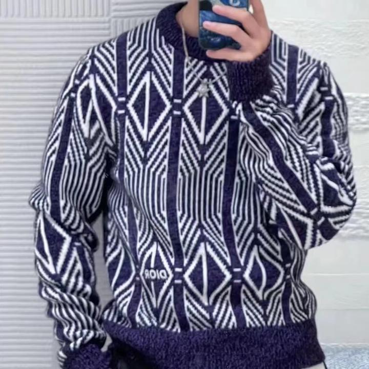 全新未使用 DIOR/迪奥 菱形条纹圆领套头长袖毛衣/S码/XL码