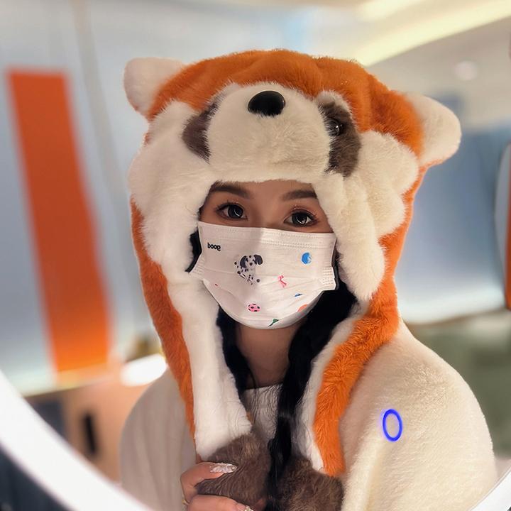 可爱卡通耳朵会动小浣熊尾巴亲子毛绒雷锋帽子冬季防寒护耳套头帽