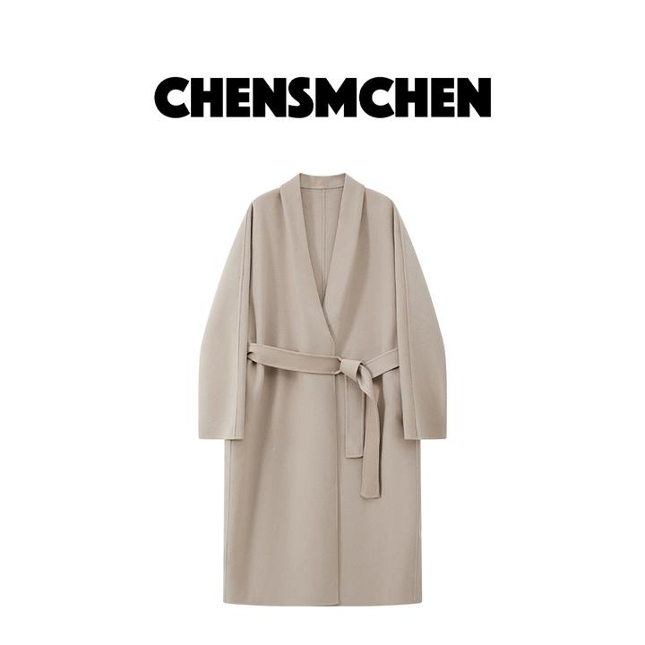 CHENSMCHEN绵羊毛系带V领中长款毛呢大衣女秋季百搭外套C24D010TT