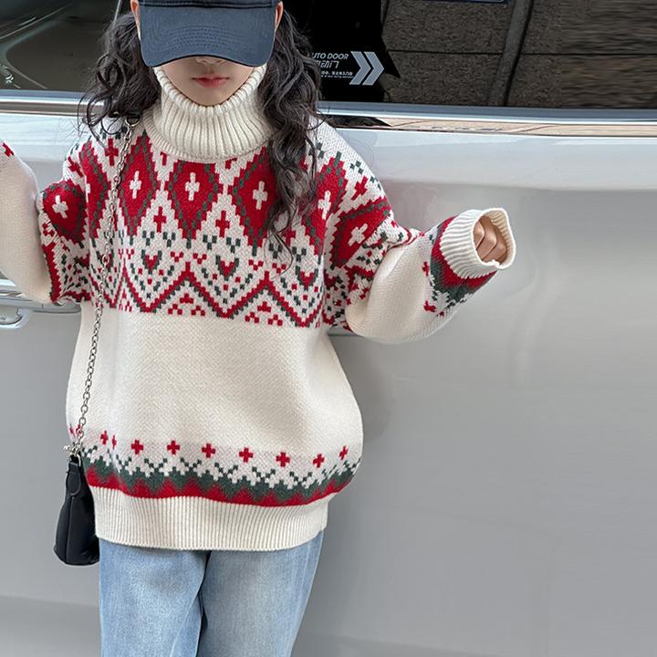 K25564高领女童圣诞毛衣儿童洋气针织衫2025秋冬装新款时髦打底衫