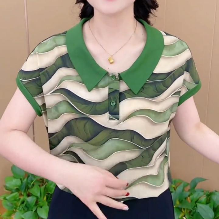 夏季新款时尚娃娃领洋气条纹设计感气质显瘦百搭短袖上衣K6677