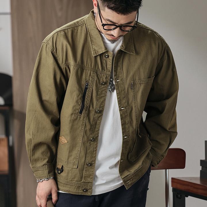 休闲男装经典鱼骨纹男士宽松夹克重磅绕织天然有机棉夹克外套男