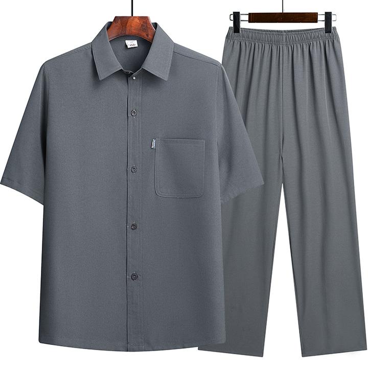 萨奴威夏季新款男装老年人夏装男短袖套装中老年人爸爸装衬衫唐装