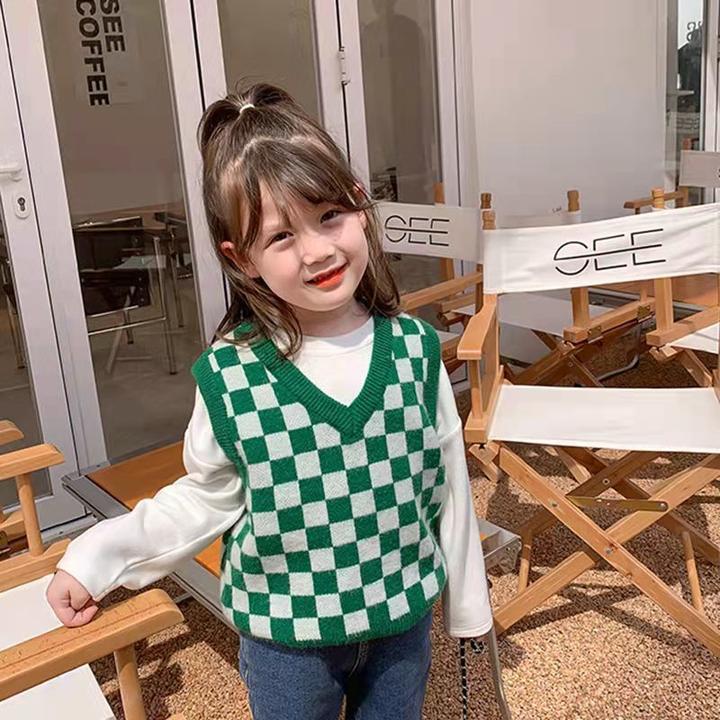 棋盘格马甲儿童毛线马甲宝宝冬装新款女童洋气背心亲子装毛衣上衣