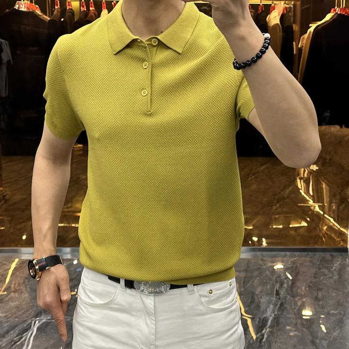 素诚男士夏季半袖欧版商务中年轻奢时尚修身菠萝纹纯色polo衫翻领