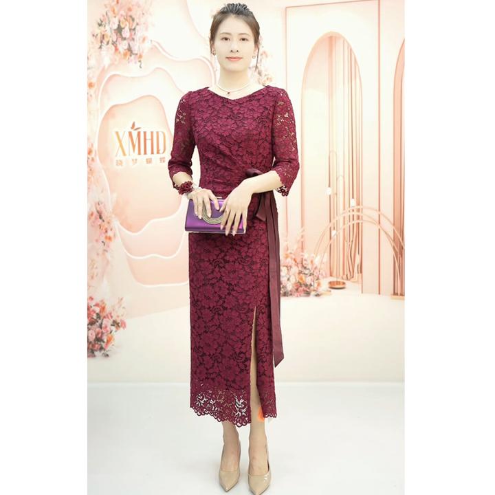 2025春夏新款国风蕾丝包臀裙气质礼服连衣裙晚宴会中式妈妈婚宴装