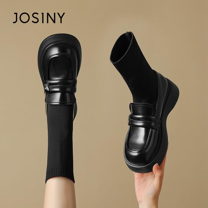 卓诗尼短靴女袜靴瘦瘦靴2025黑色穿搭袜子鞋厚底爆款乐福鞋女靴子