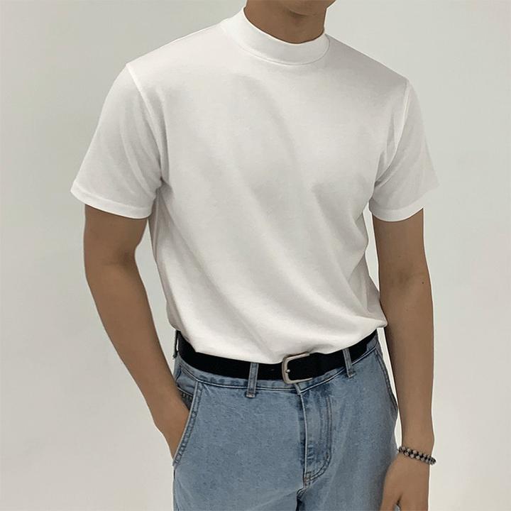 夏季新款半高领短袖男潮牌宽松棉韩版港风纯色简约T恤打底衫潮牌